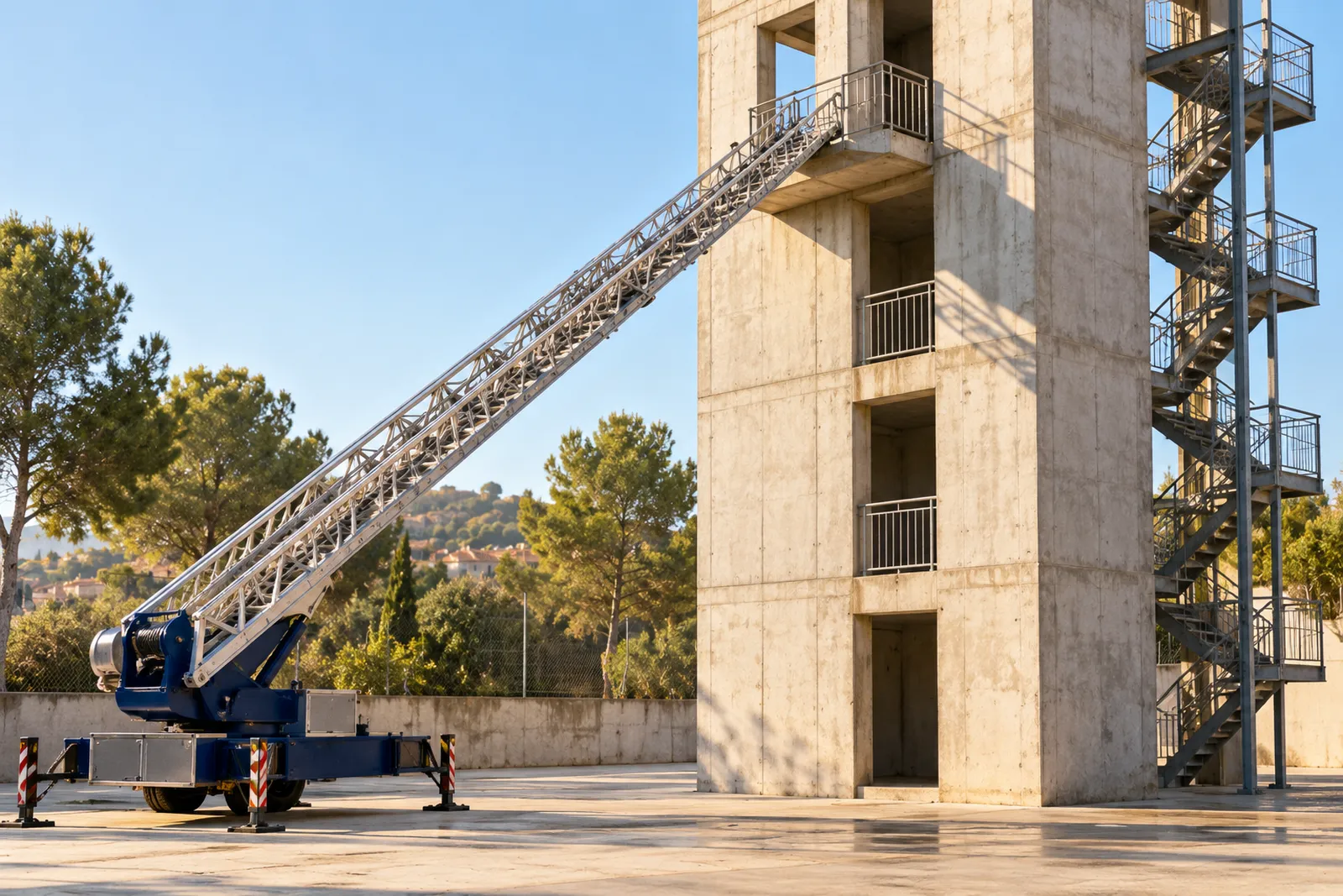 Una torre de entrenamiento y una escala destacan en un recinto de bomberos.